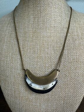 Hand Crafted Brass Crescent Necklace with Cream and Black Accents
